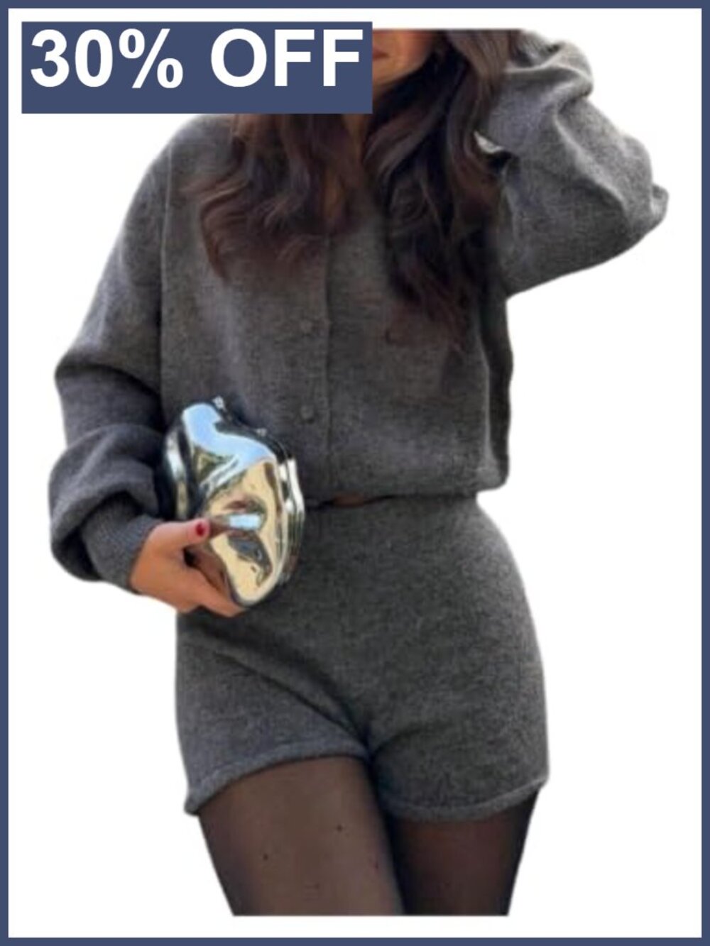 Women's 2 Piece Knit Cardigan and Shorts Set Long Sleeve Button Up Fall Outfit